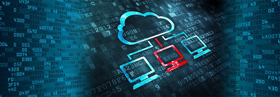 A graphic of computers with wires leading up to clouds