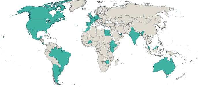 a world map with highlighted countries