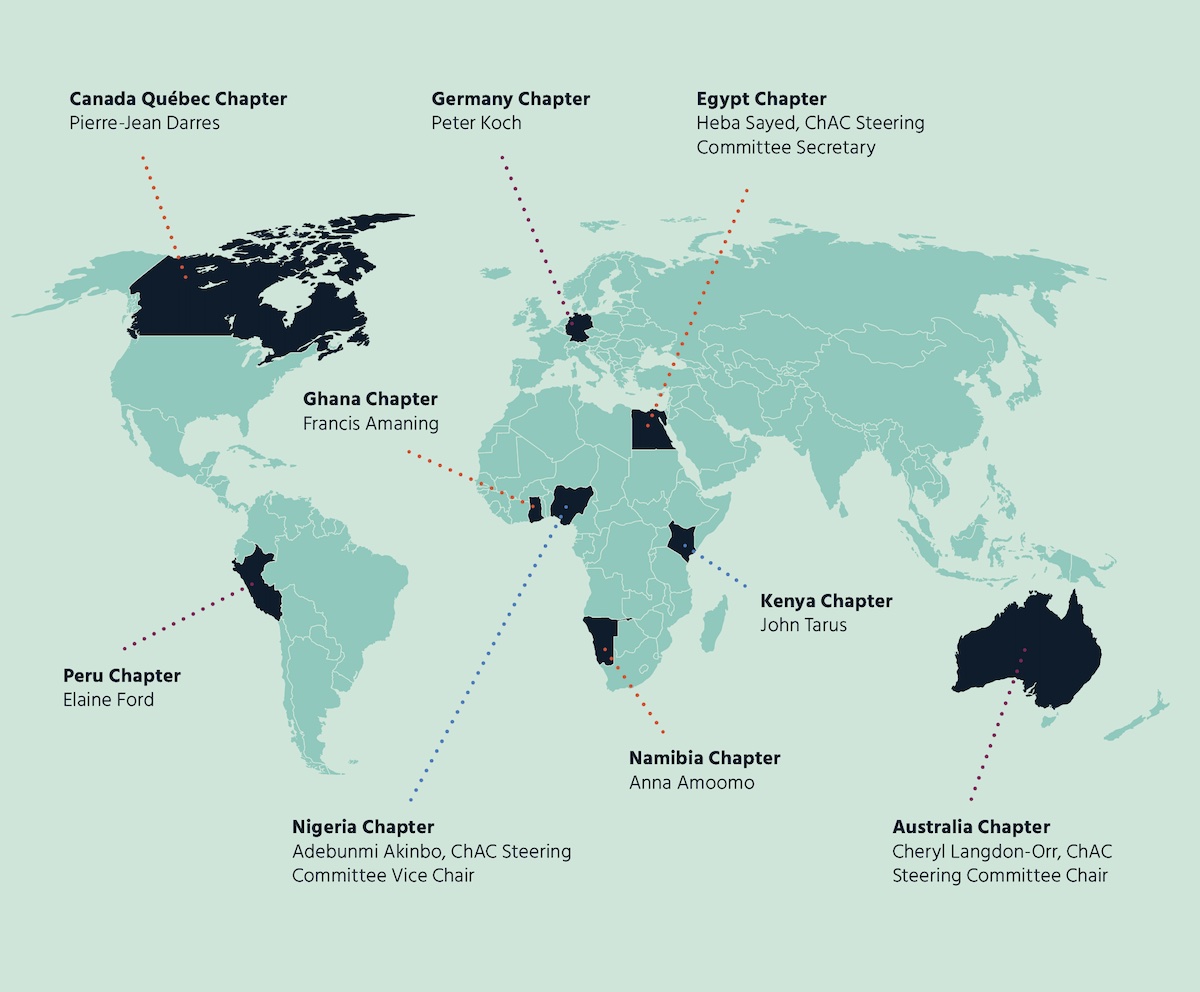 Map highlighting each country listed in copy for chapter locations.